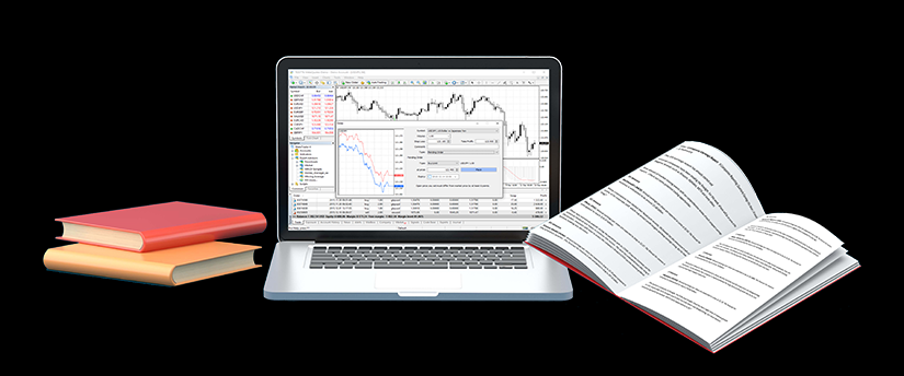 Books surrounding a central laptop displaying forex data, illustrating the fusion of traditional and digital resources in forex education.