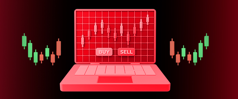 A laptop displaying "buy" and "sell" alongside candlestick charts showcases forex market activities, buy and sell orders, and data analysis.