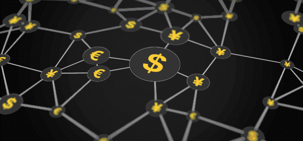 A linked dollar, euro, and yen symbolize the interconnectedness of these currencies in international financial markets.