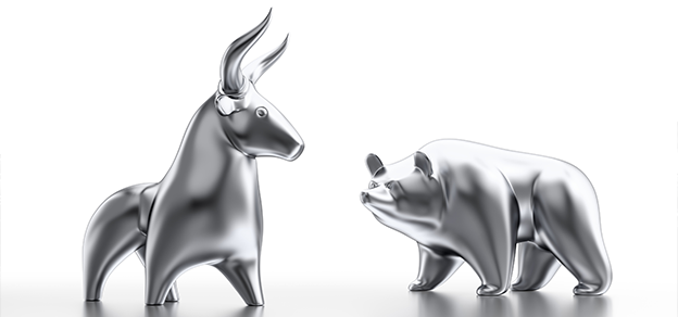 A bull and a bear facing each other represent key forex terms, signifying market optimism and pessimism, respectively.