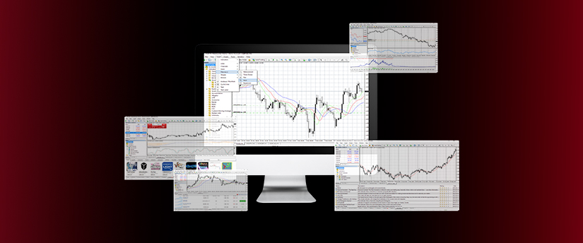 A computer monitor displaying multiple charts for fundamental analysis, including stock price, earnings per share, and price-to-earnings ratio. The charts are displayed on a red background.