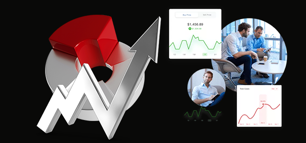 A pie chart with a rising arrow, traders analyzing data, showcasing PMAM's capabilities in monitoring and optimizing investment portfolios.