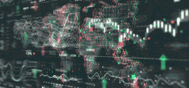 A board displaying candlestick charts with a world map background, reflecting the global nature of financial markets and analysis.