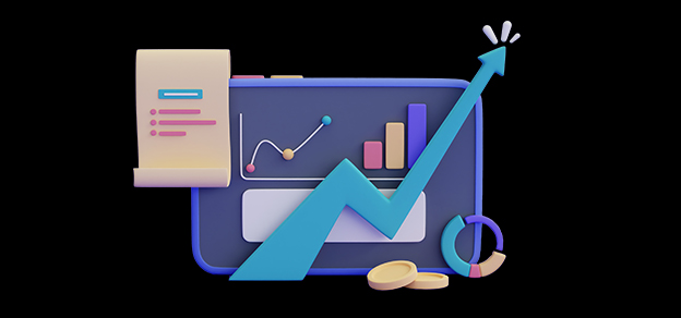 A monitor with charts, an upward arrow, and coins in front represents the role of technical indicators in tracking market trends and potential gains.