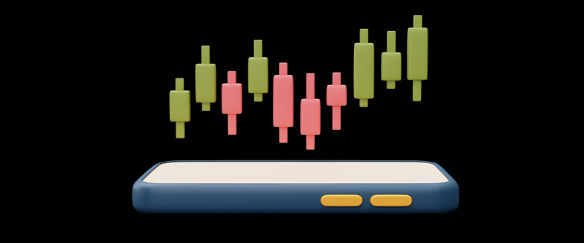 A mobile device with candlestick charts on its screen, showcasing the importance of technical indicators in analyzing market trends.