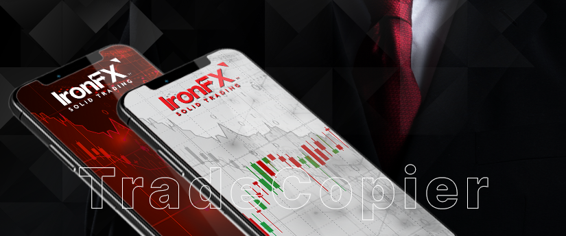 Two mobiles displaying the IronFX logo alongside candlestick charts, a depiction of TradeCopier's capabilities for synchronized trading.