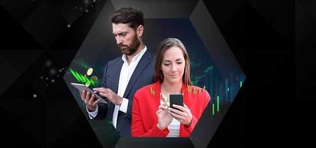 Traders holding mobile devices amidst a backdrop of candlestick charts, symbolizing the effectiveness of TradeCopier in real-time trading.