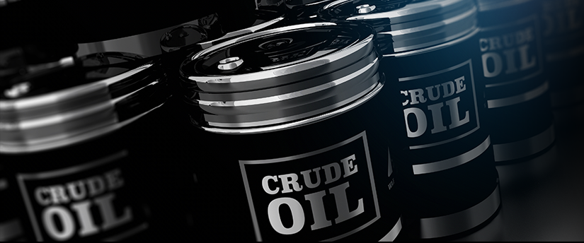 A collection of oil cans labeled 'crude oil' representing WTI, a type of oil.