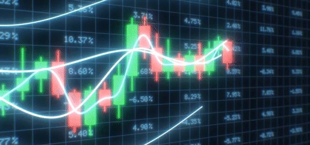 A board adorned with numbers and candlestick bars, a classic representation of a financial market's performance and trend analysis.