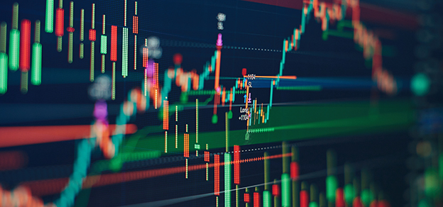 Candlestick bars on a board, revealing market trends and trading patterns.