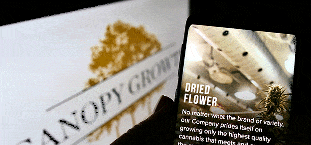 Signs featuring the logo of Canopy Growth, symbolizing the presence and branding of the cannabis and hemp company.