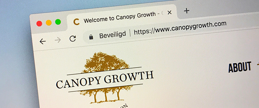 The Canopy Growth logo on a web browser, signifying the company's online presence and influence in the cannabis industry.