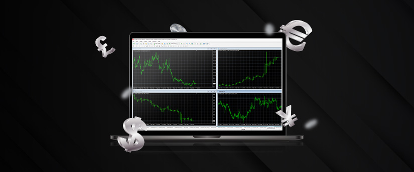 A laptop displaying MetaTrader 4 with various currencies surrounding it, the hub of trading and currency analysis.