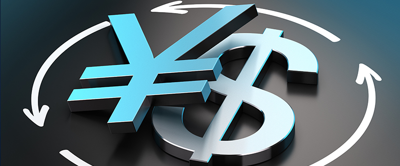 Two dollar signs and the yen sign encircled by arrows illustrate the complex interactions of USD/JPY in the currency market