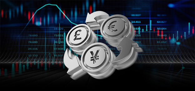 Three signs – Euro, Yen, Pound – encircled by arrows symbolize the dynamic interactions of various currency pairs in the financial world.