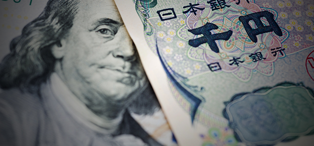 A dollar and yen united symbolize the USD/JPY currency pair, where the values of the US dollar and Japanese yen converge