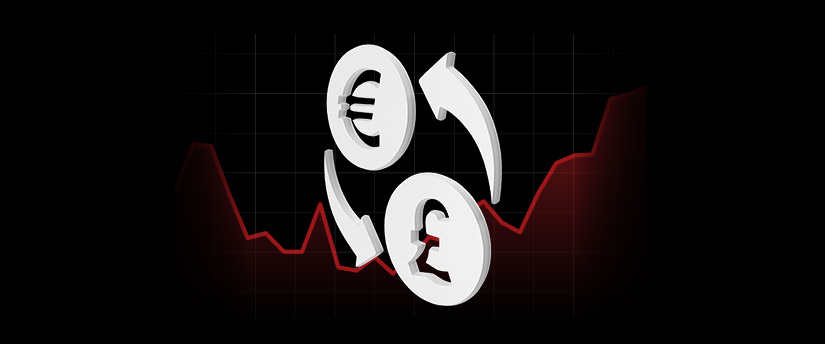 Euro and pound signs with arrows crisscrossing represent the EUR/GBP currency pair, a symbol of exchange rate dynamics and financial synergy.