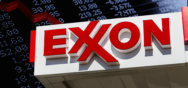 The ExxonMobil sign with charts and a board displaying numbers, reflecting the company's role in both finance and energy.