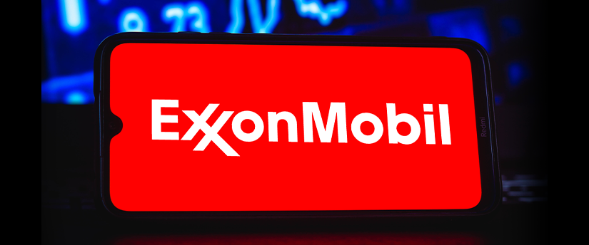 A mobile device with the ExxonMobil logo and charts in the background, connecting the company with financial analysis.