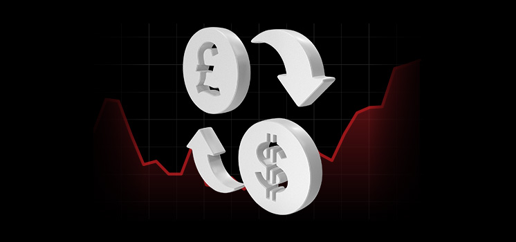 Pound and dollar signs with arrows between them represent the GBP/USD currency pair, symbolizing currency exchange and market dynamics.