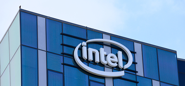 The Intel sign displayed on a building, reflecting the presence of the multinational technology corporation, Intel.