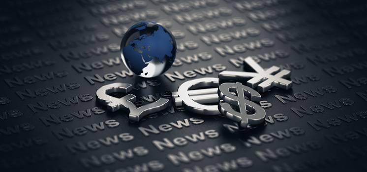 Dollar, euro, pound, and yen signs orbiting a globe, symbolizing the intricate web of global trading events and currency exchange.