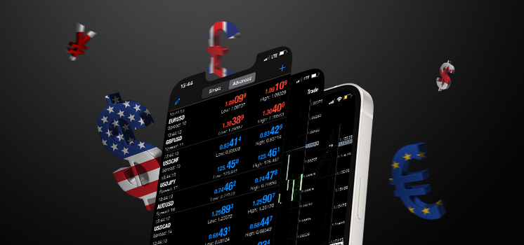 Mobile devices displaying real-time currency data with currencies swirling around, reflecting the dynamic nature of financial markets.