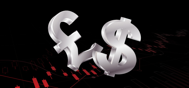 Two dollar and pound signs with charts in the background, representing the dynamic relationship between USD and GBP in the market.