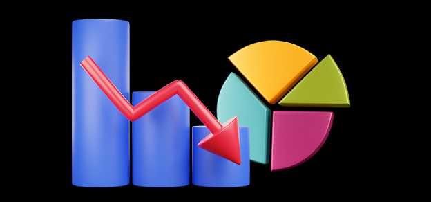 Charts, accompanied by a pie chart and a downward-pointing arrow, represent the inherent risks in trading and investment strategies.