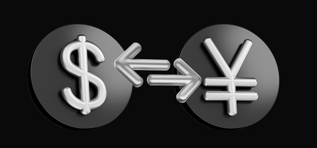 A dollar sign, a yen sign, and two arrows in between represent the currency pair USD/JPY, reflecting exchange rate dynamics.