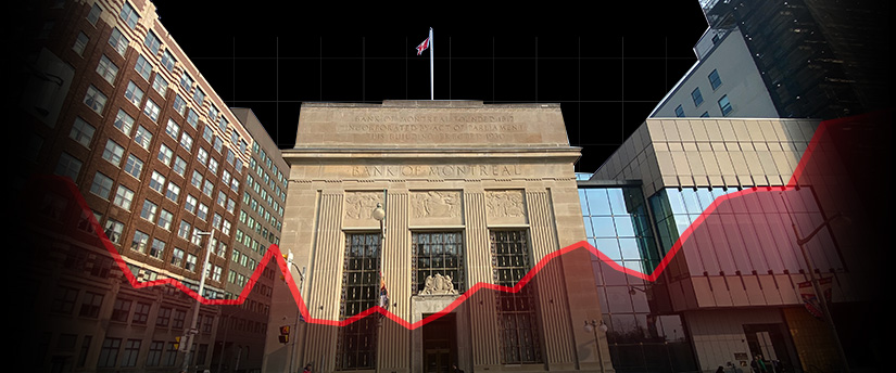 A bold depiction of the Bank of Canada, complemented by a striking red diagram positioned in front.