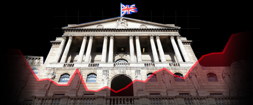 Upon the Bank of England, the flag waves above, as a red diagram stands before, symbolizing financial strength and national identity