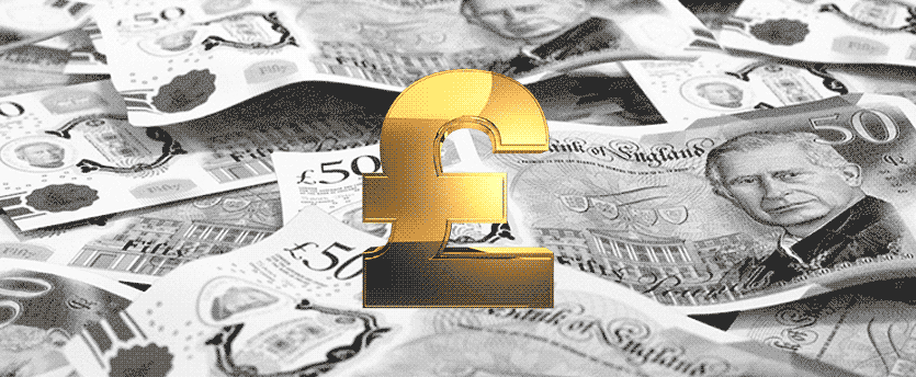 The iconic pound sign displayed prominently with a collection of British pounds in the backdrop, representing the Bank of England.