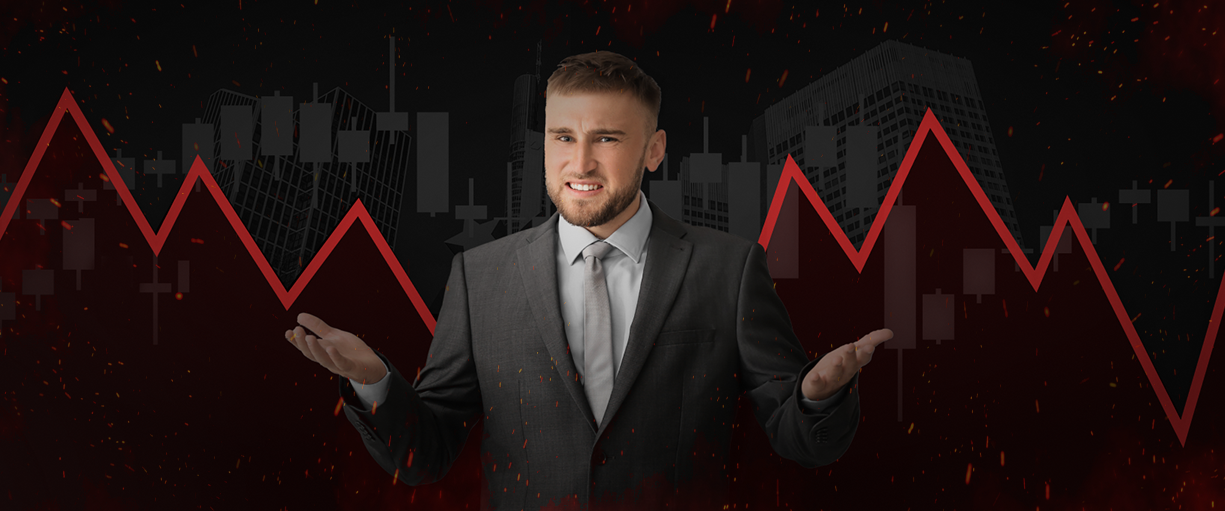 A frustrated trader with open hands, a red diagram in the background, exemplifying the challenges in forex trading.