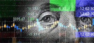 A dollar bill surrounded by fluctuating financial charts and graphs.