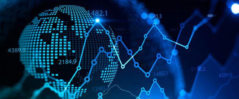 Charts with a digital globe in the background, representing the impact of global factors on the economy.