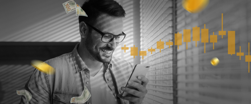 A happy trader holding a mobile surrounded by candlesticks and money, emphasizing long-term investing