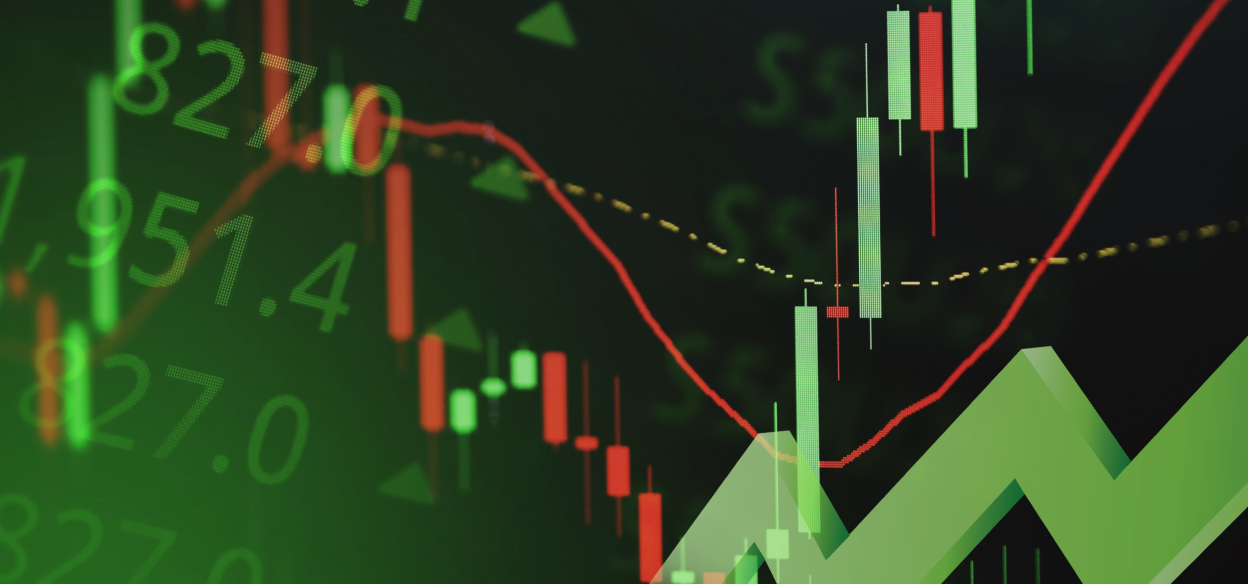 Green numbers, charts, and diagrams on MetaTrader 4 for technical analysis. 