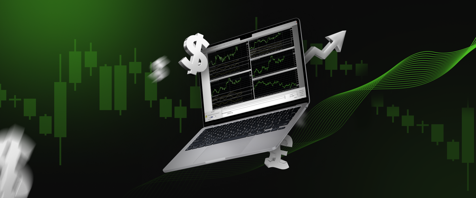 MetaTrader 4 data with green arrows and candlestick charts on the laptop.