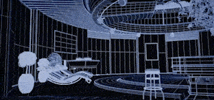 A digitalized metaverse home displaying futuristic elements and virtual interactions.