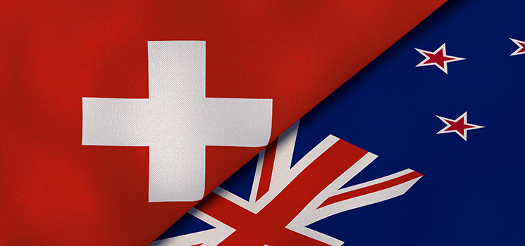 An icon blending the New Zealand and Swiss flags, a representation of global forex exchange uniting two distant financial worlds.