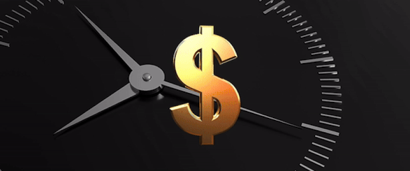 A dollar sign with a clock in the background, signifying long-term investing.