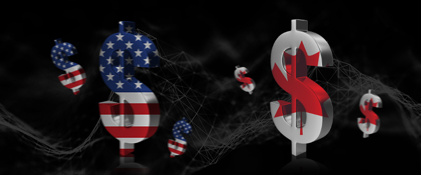 Dollar signs adorned with the design of the US and Canadian flags, a fusion of currency and national identity.