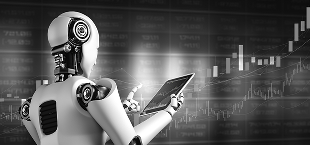 A futuristic robot holding a tablet, symbolizing the integration of technology in financial services, also known as fintech.