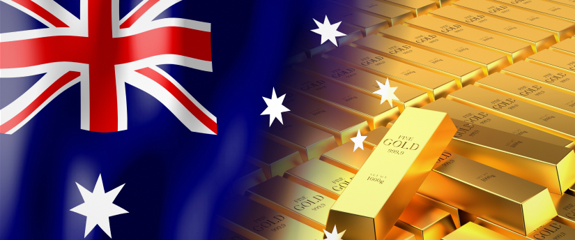 The map of Australia alongside gold bars, symbolizing the role of gold reserves in the Reserve Bank of Australia.