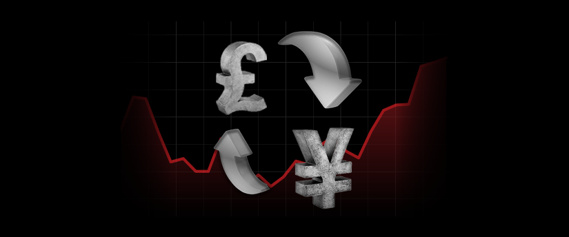A sign of a pound and a yen with arrows connecting them, representing currency pairs and exchange rate dynamics.