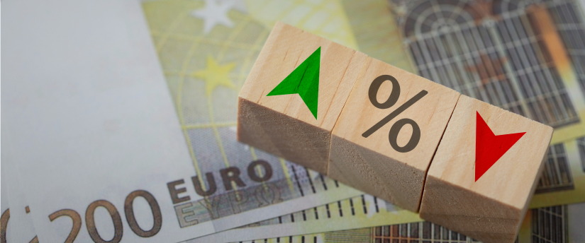 Two arrows, a green one pointing up and a red one pointing down, representing market movements influenced by the European Central Bank (ECB).