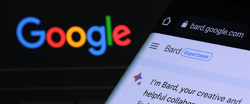 A mobile phone displaying the Google sign alongside the Bard AI logo.