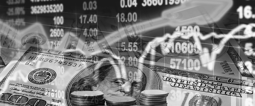 A dollar bill and assorted coins with forex data in the background, symbolizing the interconnectedness of trading forex and currency