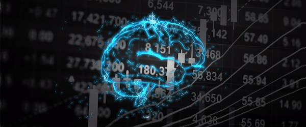 Charts, numbers, and a brain symbolizing the importance of trading psychology in financial decision-making.